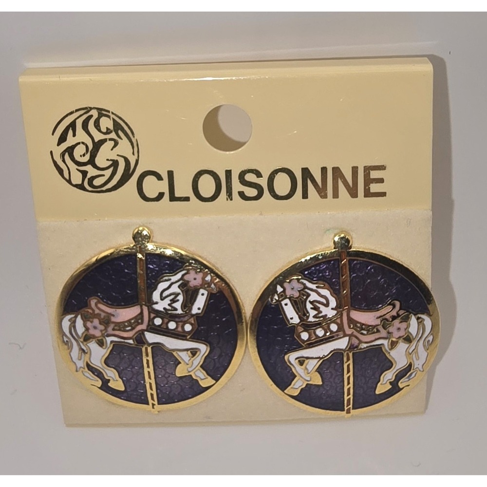 Vintage Cloisonne Carousel Horse Clip On Earrings Enamel Taiwan NOS -3586